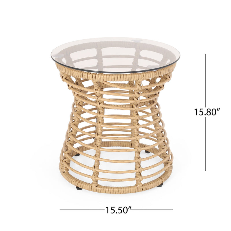 San Pedro - Boho Style Side Table With Tempered Glass Top - Light Brown Rattan