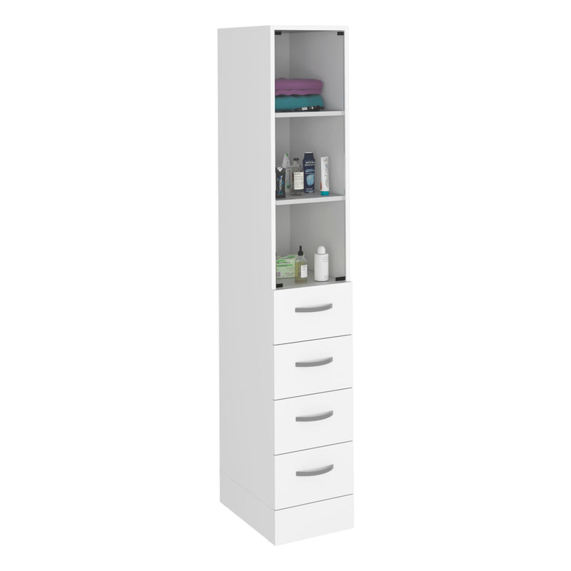 Linen Cabinet, 3 Shelves, 4 Drawers And Metal Handles - White