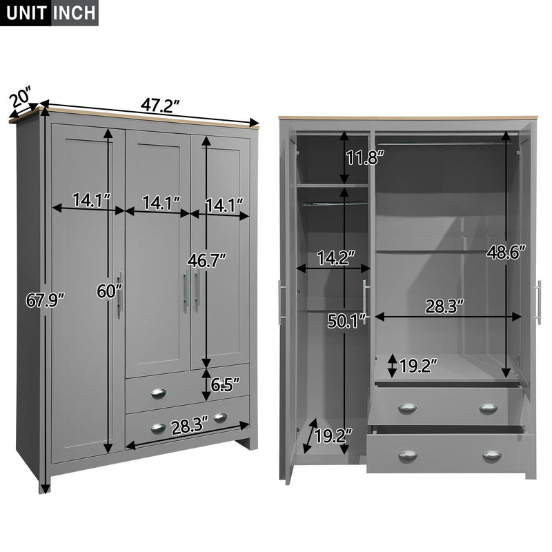 3 Door Storage Wardrobe With Cabinets And 2 Hanging Rods - Gray