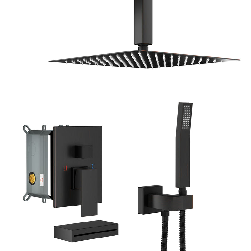 Shower System With Waterfall Tub Spout And 12" Ceiling Mount Square Shower Head - Oil-Rubbed Bronze