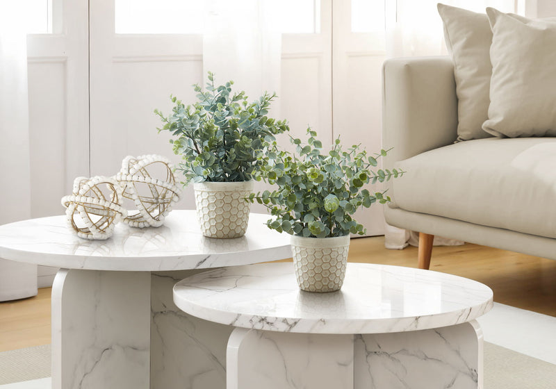 13" Tall, Artificial Plant, Eucalyptus Grass, Indoor, Faux, Fake, Table, Greenery, Potted, Decorative (Set of 2) - Green / White