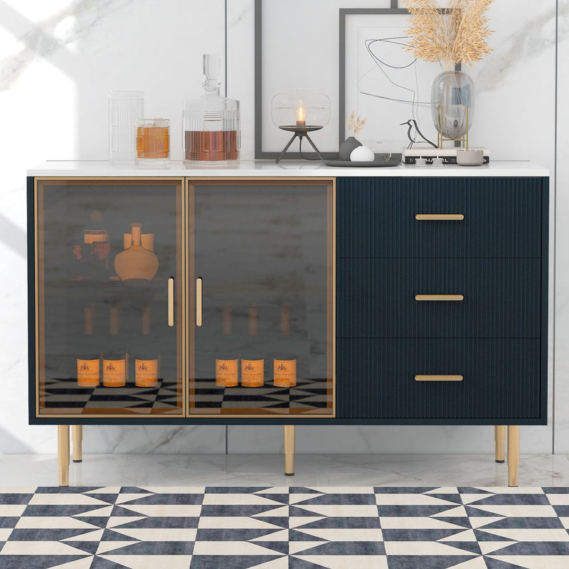 Modern Sideboard Buffet Cabinet Marble Sticker Tabletop And Amber- Tempered Glass Doors With Metal Legs & Handles