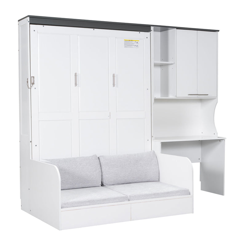 Multi Functional Murphy Bed With Sofa, Desk, And Storage Cabinet In, Full Size - White