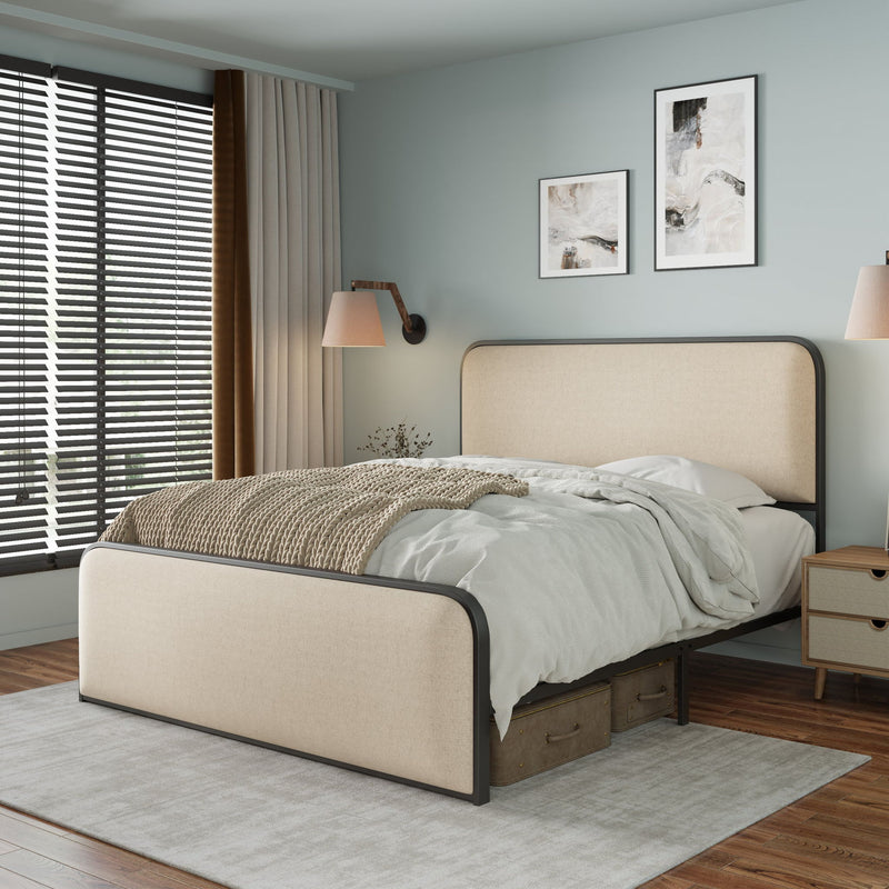 Modern Bed With Curved Upholstered Headboard And Footboard, Heavy Duty Metal Slats