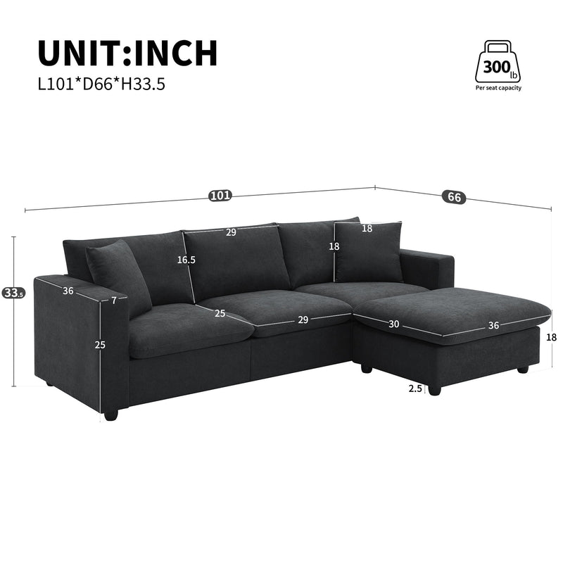 Modern Sectional Sofa, L-Shaped Couch Set With 2 Free Pillows, 4-Seat Fabric Couch Set With Convertible Ottoman For Living Room, Apartment, Office