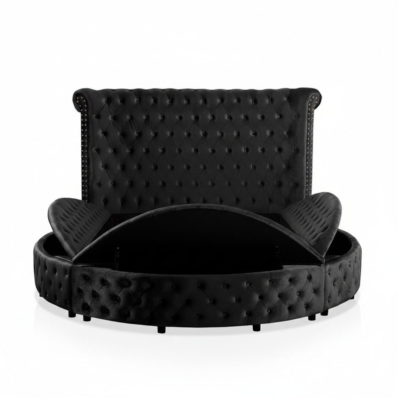 Glam Button Tufted Wingback Round Bed With Storage And USB Ports