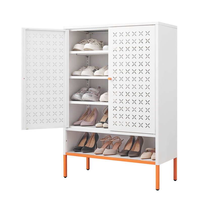 Grid Double Door Shoe Cabinet With Adjustable Compartments And Moisture-Proof Design In Metal