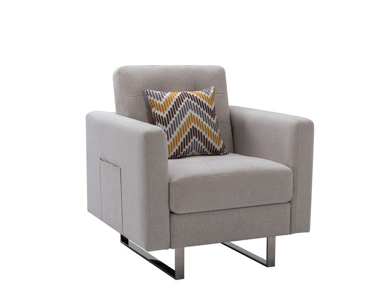 Victoria - Fabric Armchair With Metal Legs, Side Pockets, And Pillow