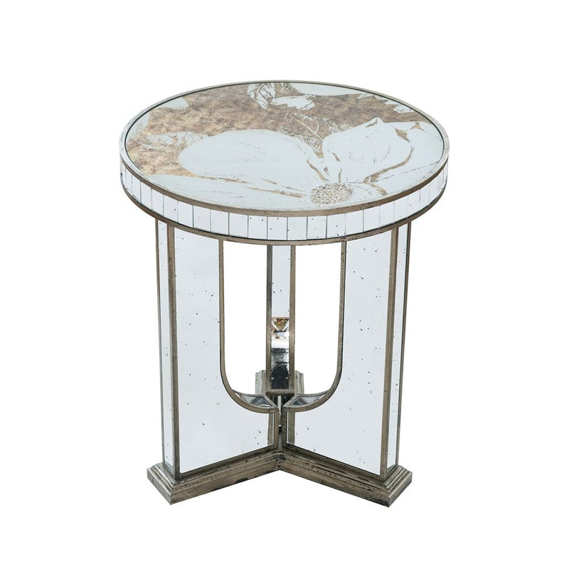 Round Table With Elegant Foral Design And Mirrored