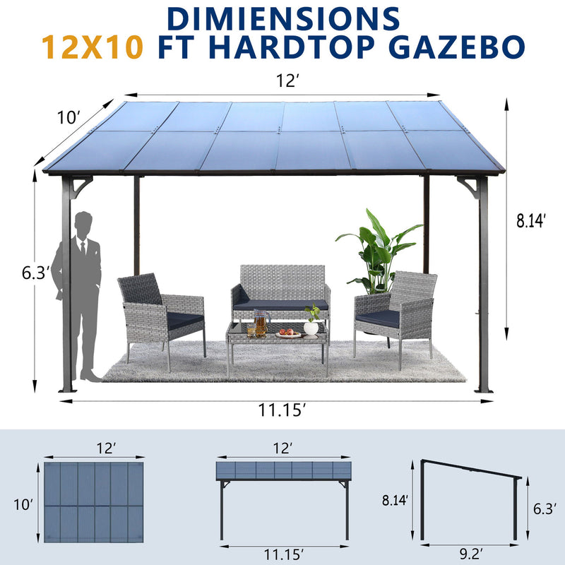 Wall Mounted Outdoor Pergola Gazebo, Heavy Duty Metal Awning With Roof