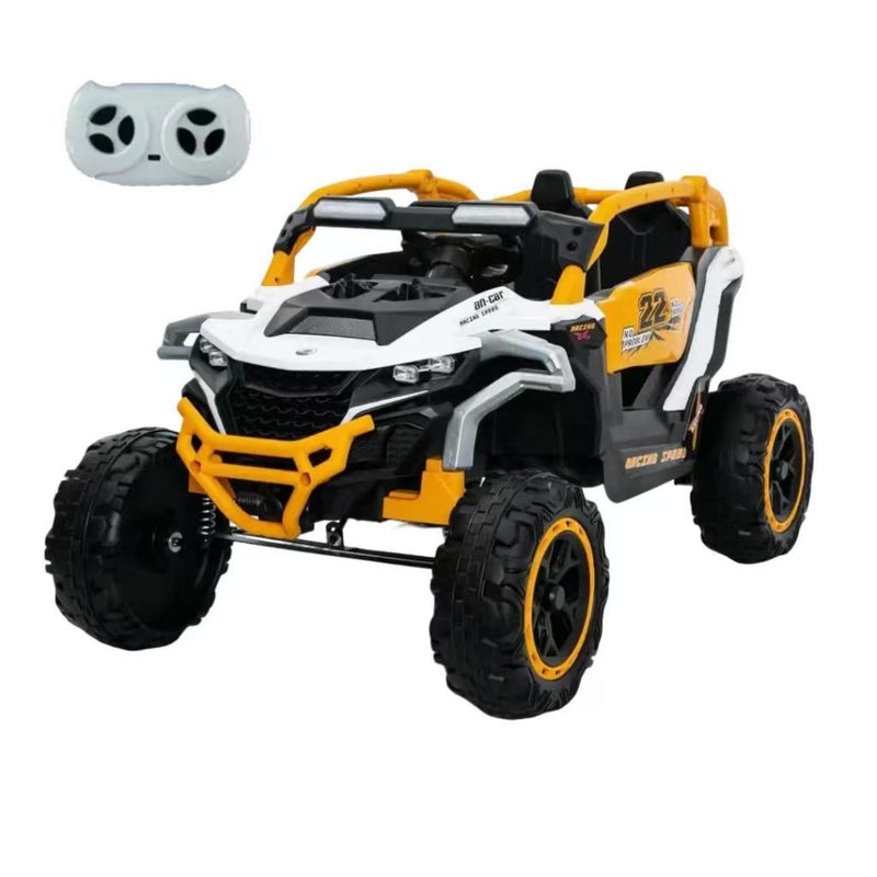 Ride On Models 12V Kids Electric Truck With Remote Control, Front & Rear Suspension, 2 Seater UTV, Flashlights, Music Player - Yellow / White
