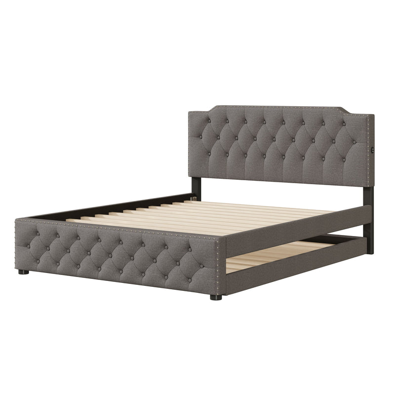 Upholstered Platform Bed With Trundle And 2 Sets Of USB Ports On Each Side, Fabric
