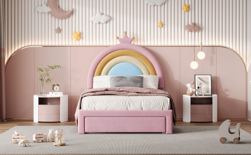 Upholstered Rainbow Design Bed, Princess Platform Bed With Storage Drawer