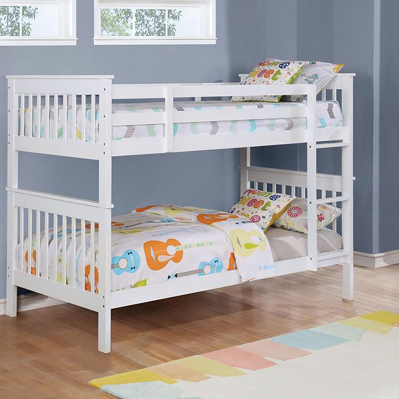 Slatted - Headboard Twin / Twin Bunk Bed With Built In Ladder Design - White