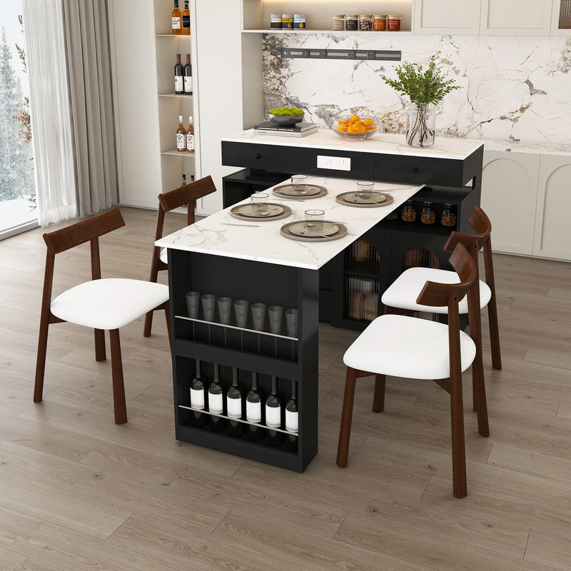 Retro Kitchen Island Set With Chairs, Extendable & Rotating Table, 4 Drawers & Door Cabinets
