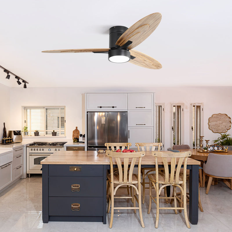 Flush Mount Ceiling Fan With Light And Remote Control, 3 Blades, Reversible DC Motor - Black