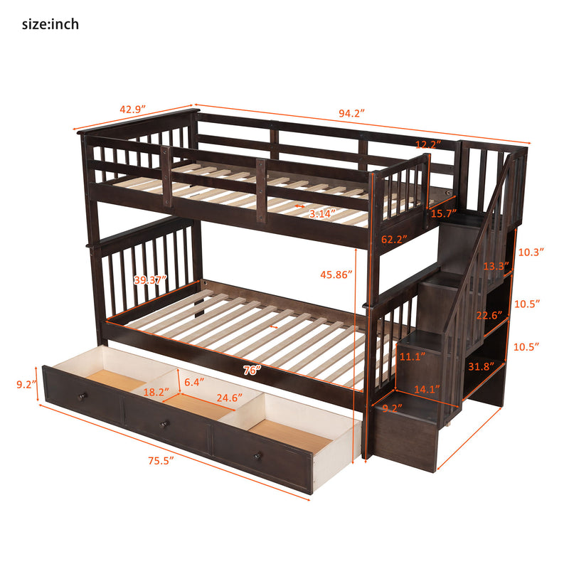 Stairway Bunk Bed With Storage And Guard Rail For Bedroom