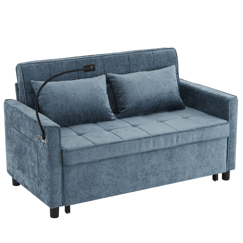 Pull-Out Sleeper Sofa With Reversible Backrest Cushion, Side Pockets, 2 USB Ports And A Phone Holder For Living Room
