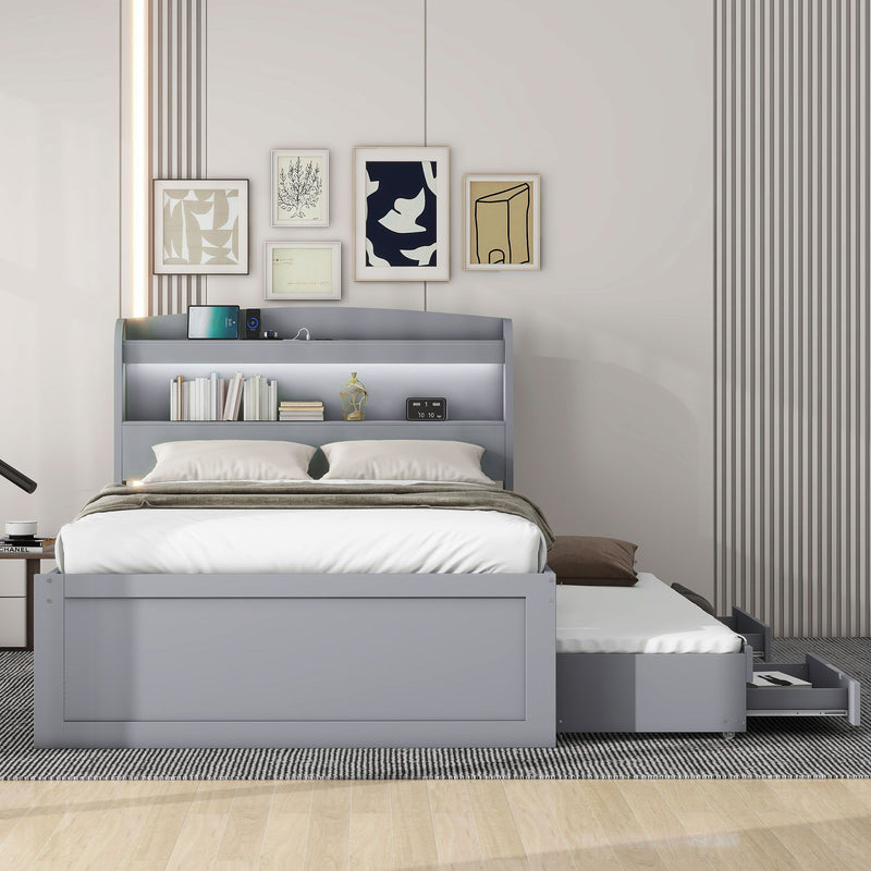 Platform Bed With LED Headboard, Charging Station, Trundle And 2 Drawers
