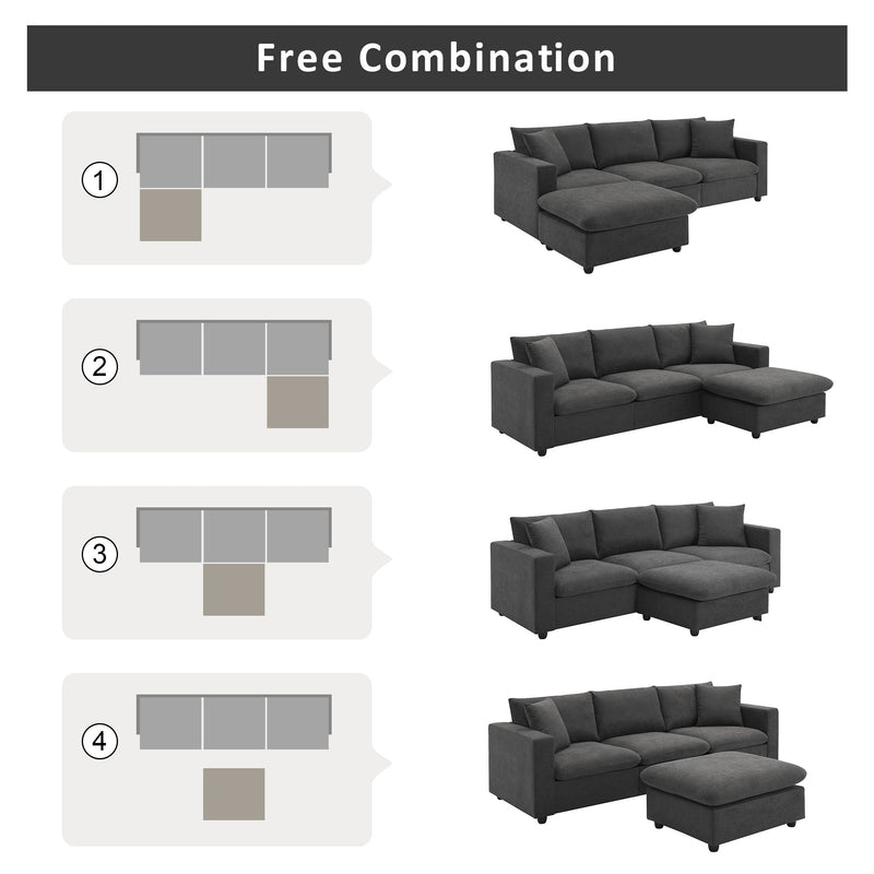 Modern Sectional Sofa, L-Shaped Couch Set With 2 Free Pillows, 4-Seat Fabric Couch Set With Convertible Ottoman For Living Room, Apartment, Office