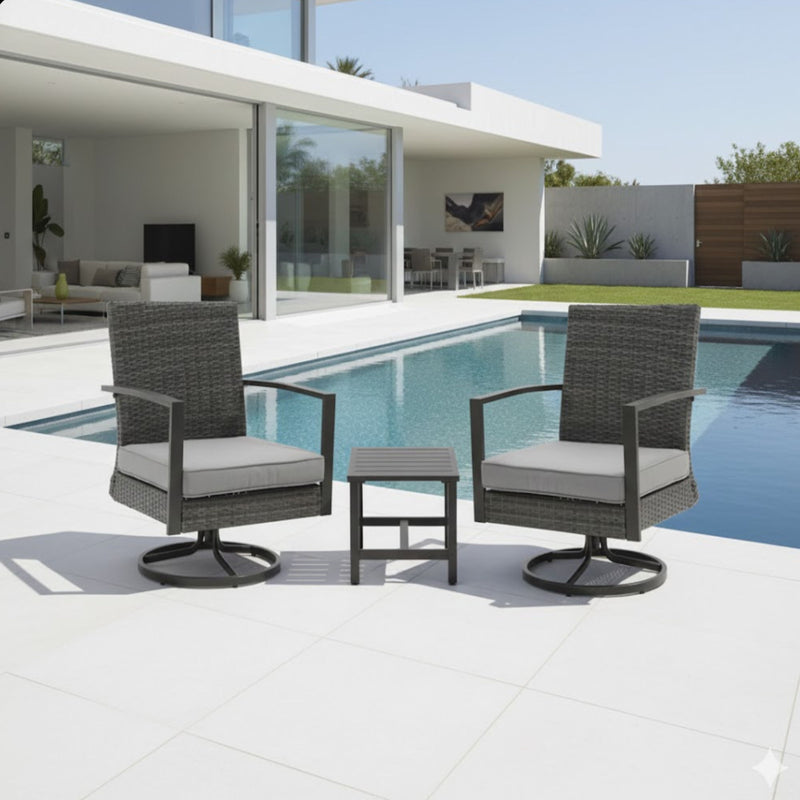 3 Piece Patio Furniture, Swivel Rocker Bistro Set With Side Table & Cushions For Porch - Gray
