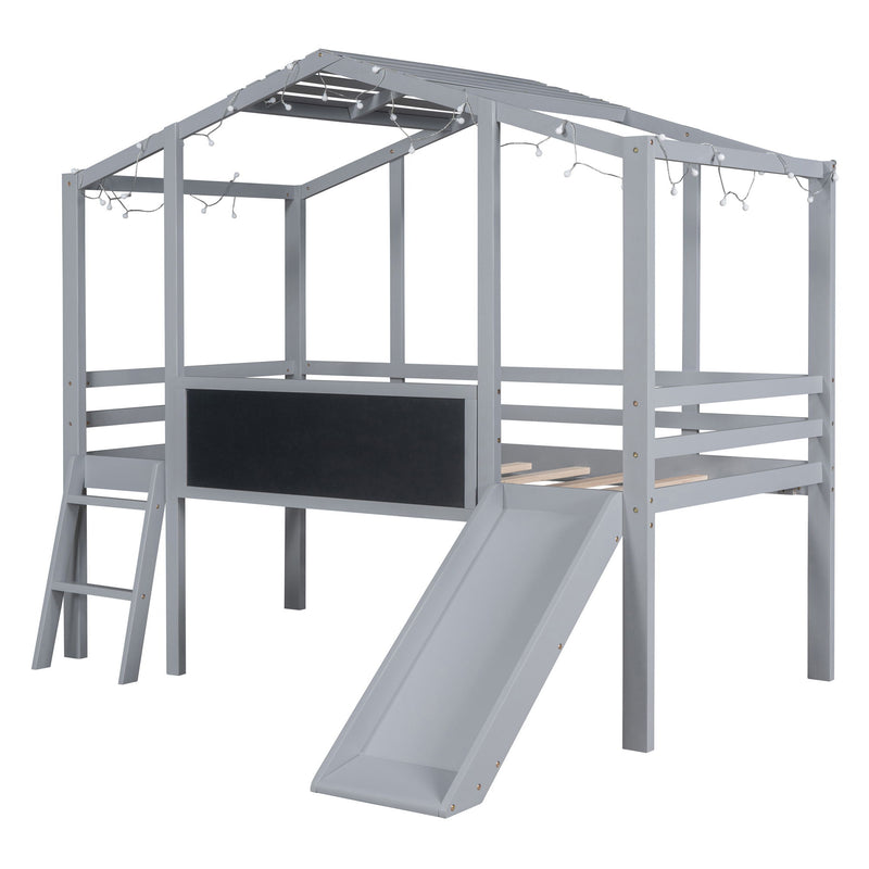 Loft House Bed With Ladder And Slide, With board And Light Strip On The Roof