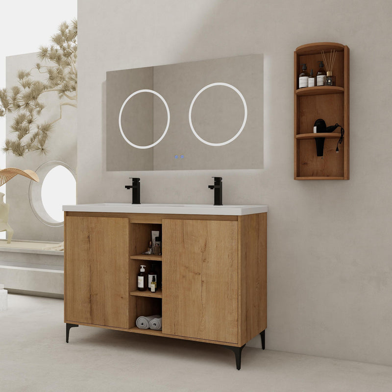 Elegant 48" Freestanding Bathroom Vanity With Double Resin Sink And Storage Rack Soft Close Doors - Imitative Oak