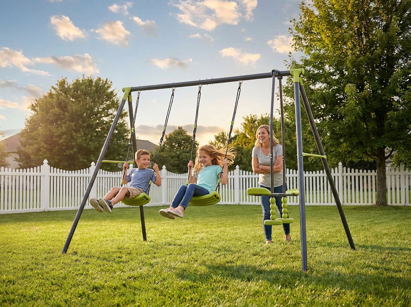 Xns008 Interesting Triple Children Metal Safe Swing Set 440Lbs For Outdoor Playground Three Seat Swing For Age 3+ - Green / Black