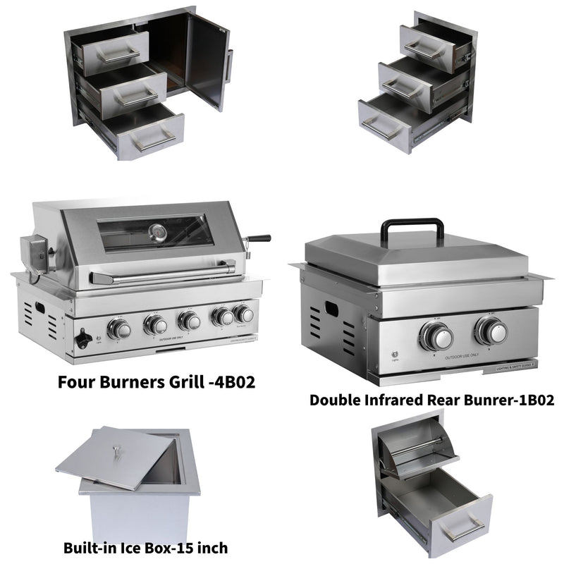 Built-In Outdoor Kitchen LPG Gas Grill 60000 Btu, Drop-In Ice Box With BBQ Tool Set - Silver