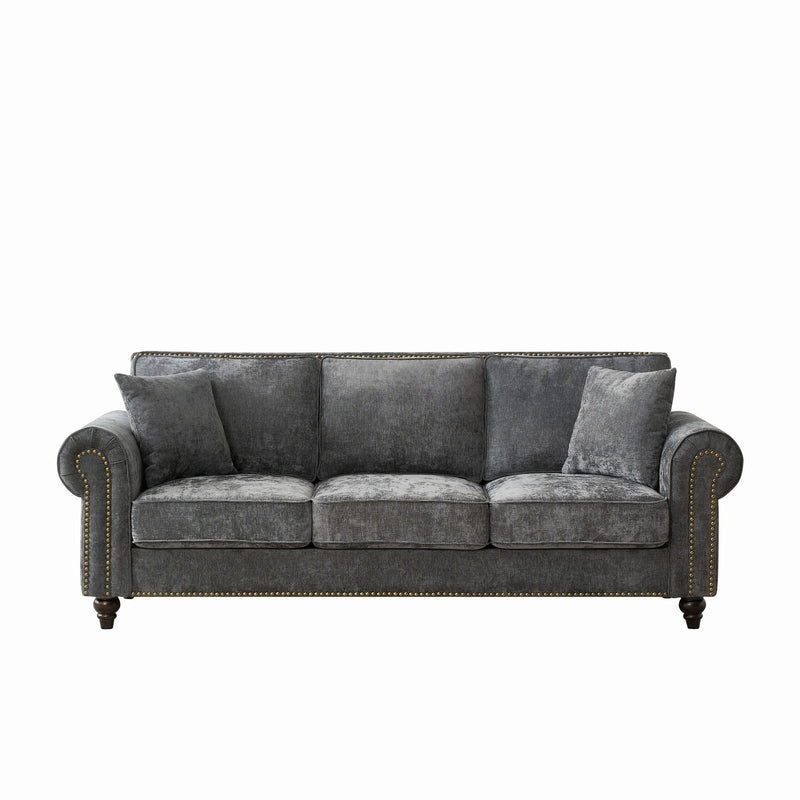 3 Seater Sofa With Tufted Upholstery, Rolled Arms, Nailhead Trim