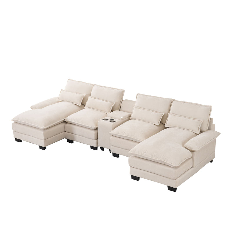 U Shaped Sofa With Console, Cupholders, USB Ports, 6 Seat, Bronzing Suede &