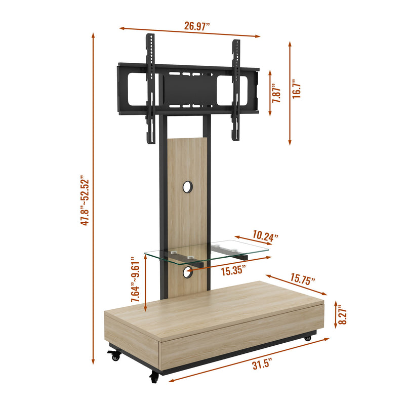 Mobile TV Cart With Push Pull Drawer, Lockable Wheels