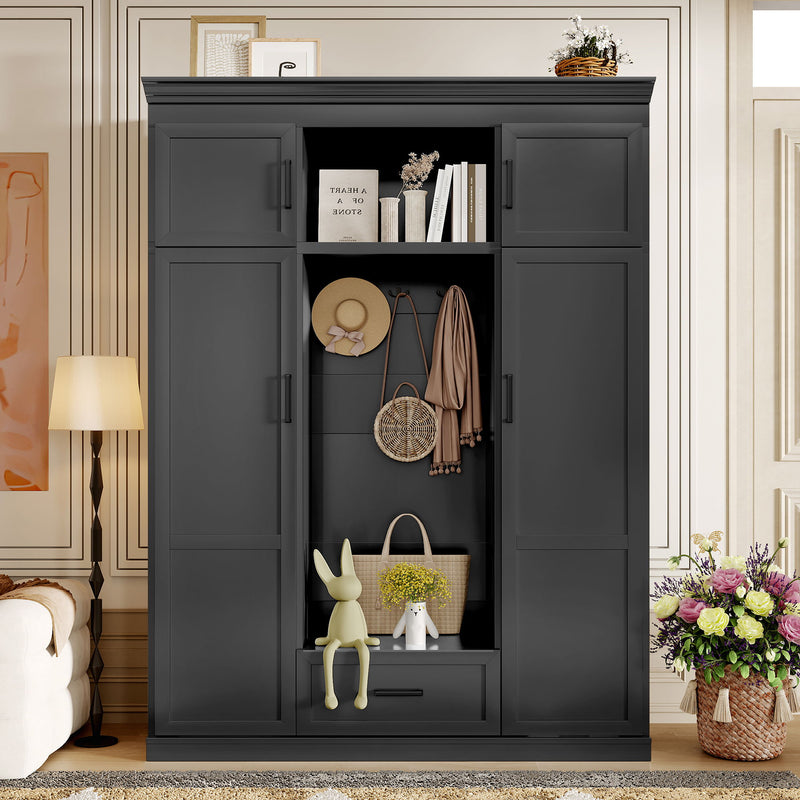 Hall Tree With Bench And 3 Hooks, Modern Entryway Storage Organizer Cabinet With 4 Doors, 1 Drawer And Adjustable Shelves