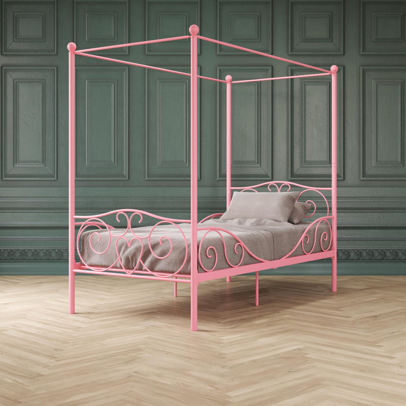 Twin Canopy Bed With Heart Scroll Design And Finial Posts - Pink