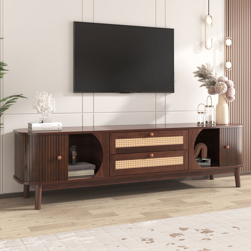 TV Stand For TVs Up To 75'', Cabinet With Drawers And Sliding Doors, Living Room Entertainment Console - Natural Wood / Brown