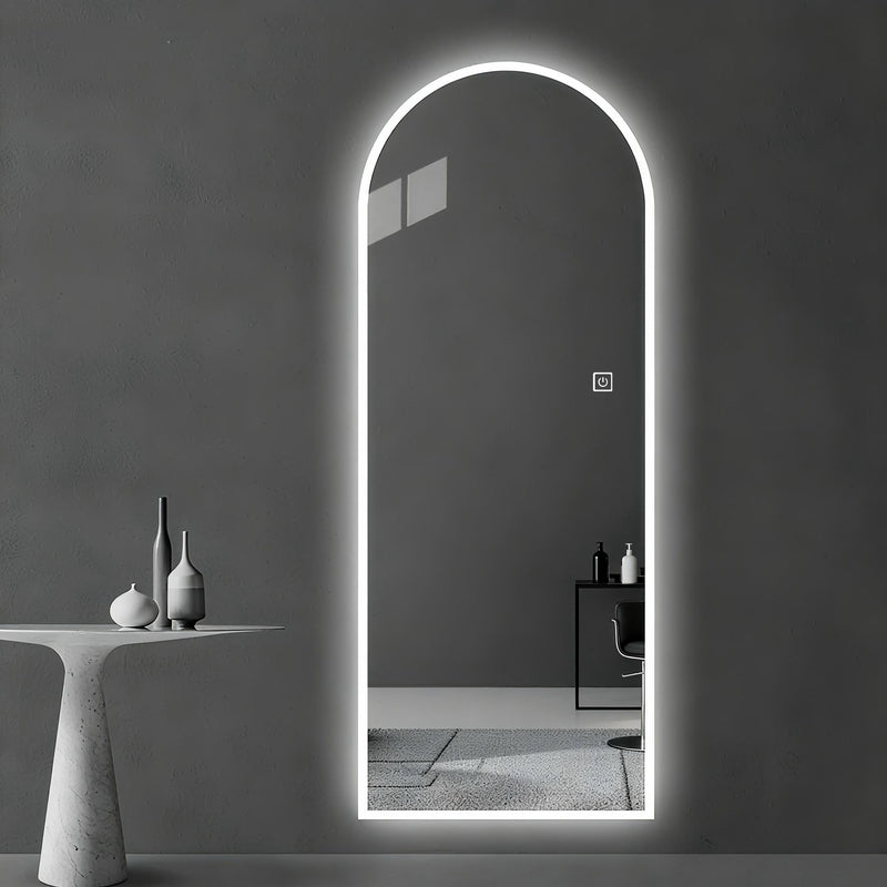 LED Full Length Wall Mirror With Symmetrical Arch Design, Dimmable 3 Color Temperature Lighting - Silver