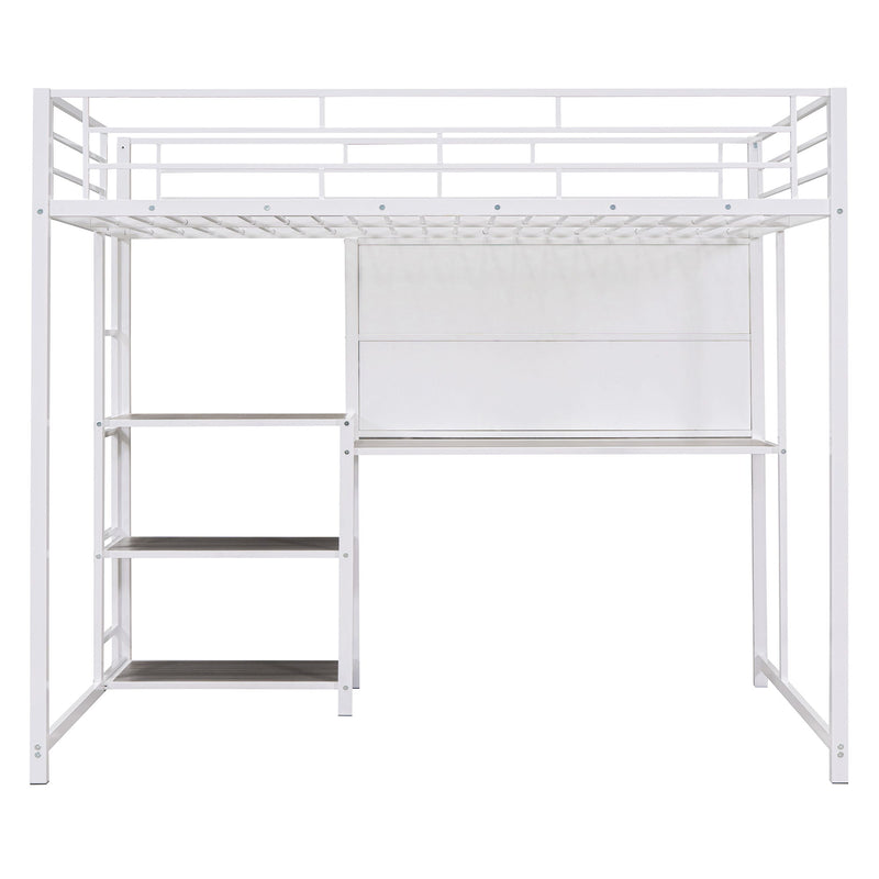 Metal Loft Bed With Desk, 3 Shelves And Ladder