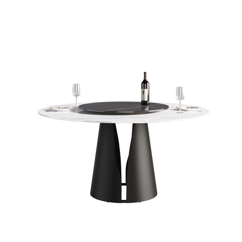 Modern Artificial Stone Round Carbon Steel Base Dining Table, Can Accommodate 6 People, Artificial Stone Turntable