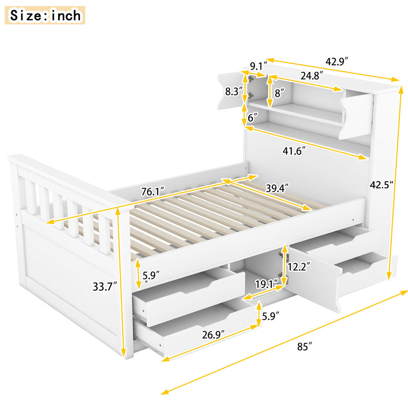 Captain Platform Bed Frame With Storage Bookcases, Shelves, And 4 Drawers