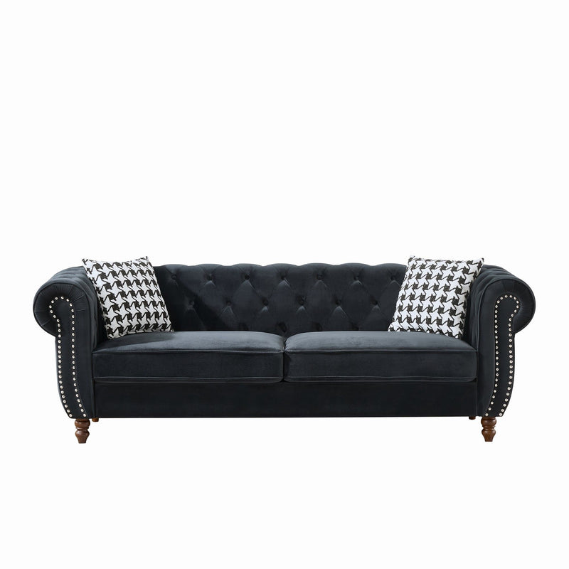 Chesterfield Upholstery Fabric Sofa With Roll Armrest & Nailhead