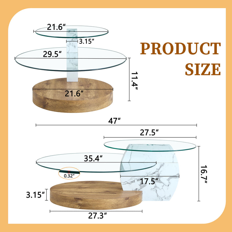 Contemporary Artistic Double Layer Coffee Table, Tempered Glass Top