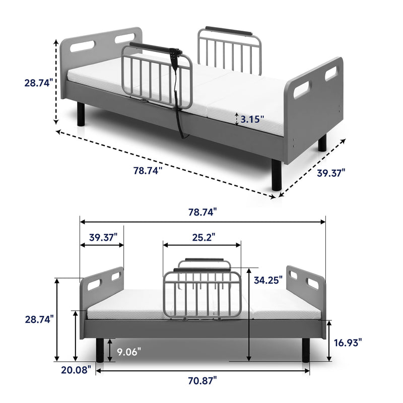 Electric Adjustable Hospital Bed For Home Use With Wired Remote Control, Memory Foam Mattress - Gray / White