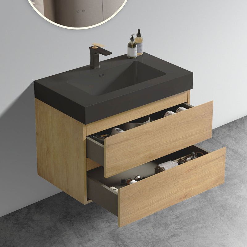 Alice - Natural Oak Bathroom Vanity With Sink, Large Storage Wall Mounted Floating Bathroom Vanity For Modern Bathroom, One-Piece Sink Basin Without Drain
