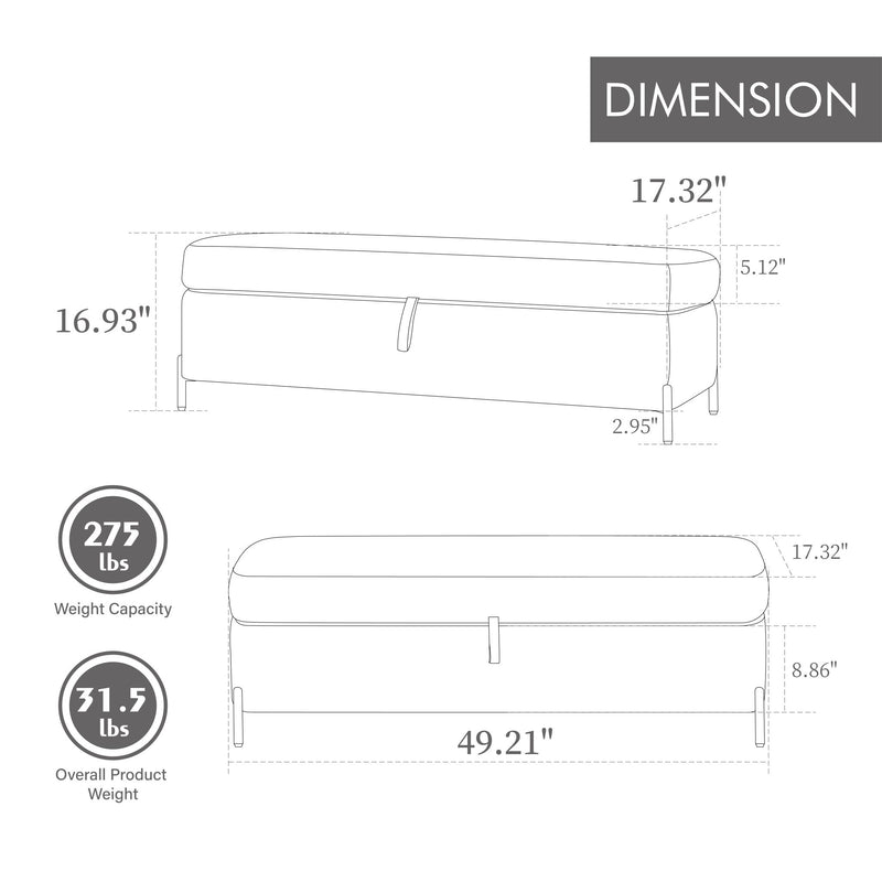 Wide Upholstered Storage Soft Bench Ottoman With Metal Legs