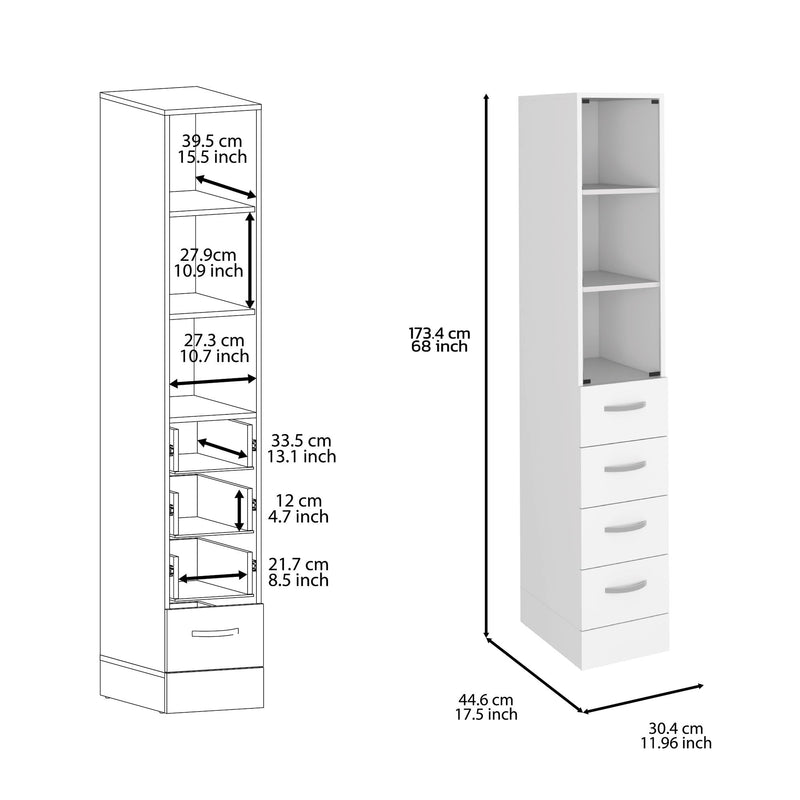 Linen Cabinet, 3 Shelves, 4 Drawers And Metal Handles - White