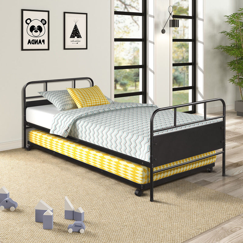 Twin Size Daybed Platform Bed Frame With Trundle Built In Casters - Black