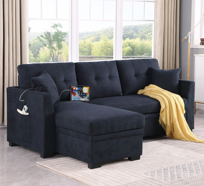 Sectional Sofa Bed L Shaped Sofa Couch Bed With USB Port, Reversible Chaise With Storage
