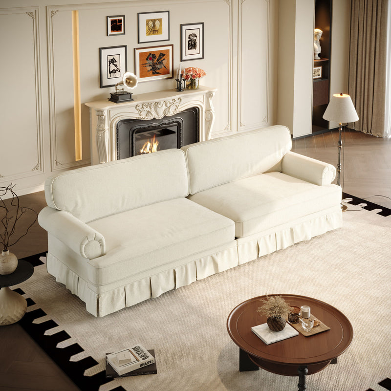 Luxuriously Comfortable Cloud Couch Sofa With Elegant Rolled Arms & Pleated Skirt Design