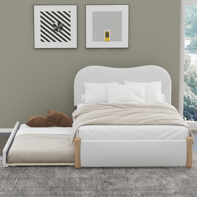 Upholstered Platform Bed With Wood Supporting Feet And Trundle