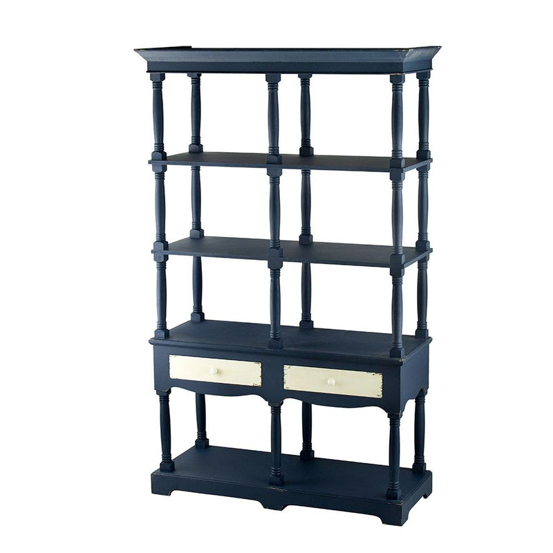 4 Tiered Wooden Shelf With Two Drawers, Farmhouse Wood Bookcase Display Storage Shelf Etageres - Antique Navy Blue
